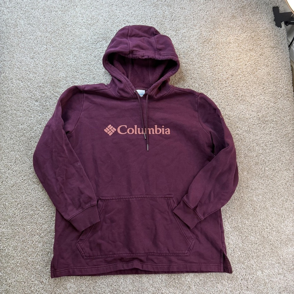 Columbia Hoodie Womens XL Purple Fleece Pullover Kangaroo Pocket Logo Sweatshirt